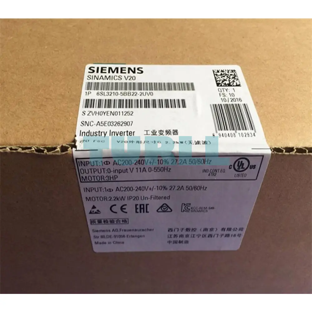 Siemens 6SL3210-5BB22-2UV0 SINAMICS V20 Variable Frequency Drive (VFD), 2.2 kW, 1-Phase 200-240V AC Original Brand New 2 Siemens 6SL3210-5BB22-2UV0 SINAMICS V20 Variable Frequency Drive (VFD), 2.2 kW, 1-Phase 200-240V AC