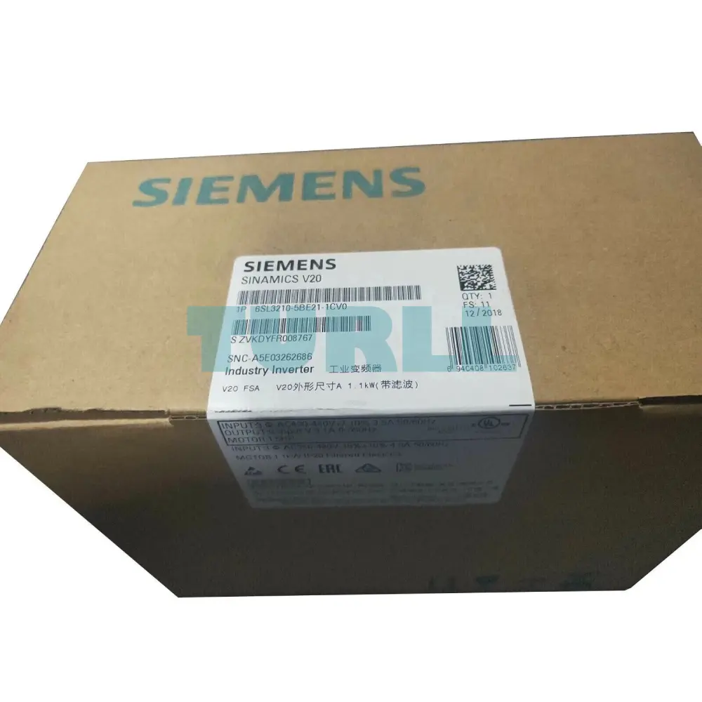 Siemens 6SL3210-5BE21-1CV0 SINAMICS V20, 1.1 kW, 380-480V, 3AC Variable Frequency Drive Original Brand New 4 Siemens 6SL3210-5BE21-1CV0 SINAMICS V20, 1.1 kW, 380-480V, 3AC Variable Frequency Drive