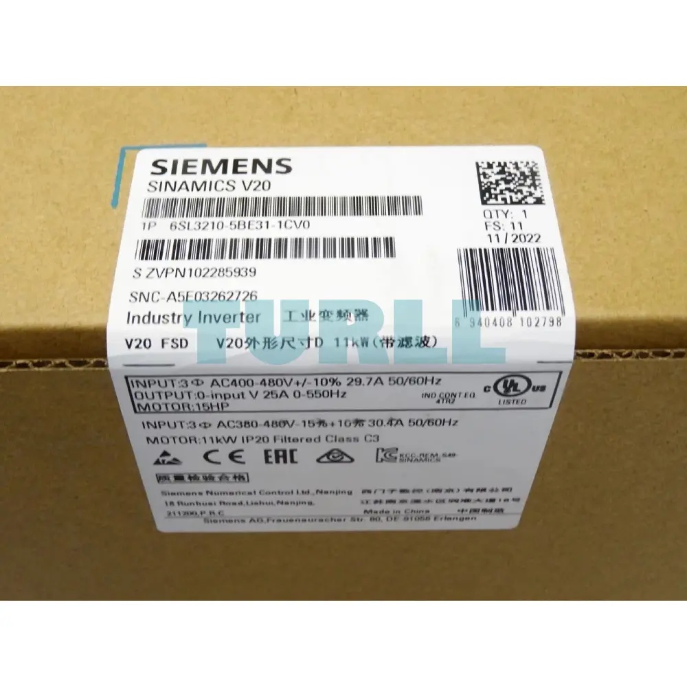 Siemens 6SL3210-5BE31-1CV0 SINAMICS V20 Drive, 11 kW, 380-480V, 3-Phase, IP20 Original Brand New 4 Siemens 6SL3210-5BE31-1CV0 SINAMICS V20 Drive, 11 kW, 380-480V, 3-Phase, IP20