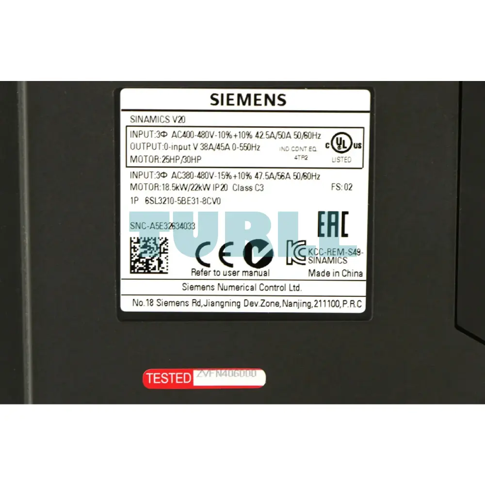 Siemens 6SL3210-5BE31-8CV0 SINAMICS V20 Variable Frequency Drive (VFD) 18.5 kW / 22 kW Original Brand New 3 Siemens 6SL3210-5BE31-8CV0 SINAMICS V20 Variable Frequency Drive (VFD) 18.5 kW / 22 kW