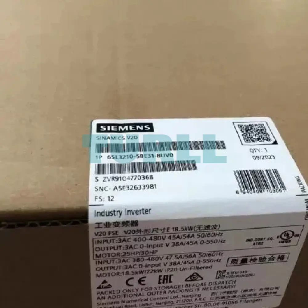 Siemens 6SL3210-5BE31-8UV0 SINAMICS V20 Variable Frequency Drive (VFD) 18.5kW / 22kW Original Brand New 4 Siemens 6SL3210-5BE31-8UV0 SINAMICS V20 Variable Frequency Drive (VFD) 18.5kW / 22kW