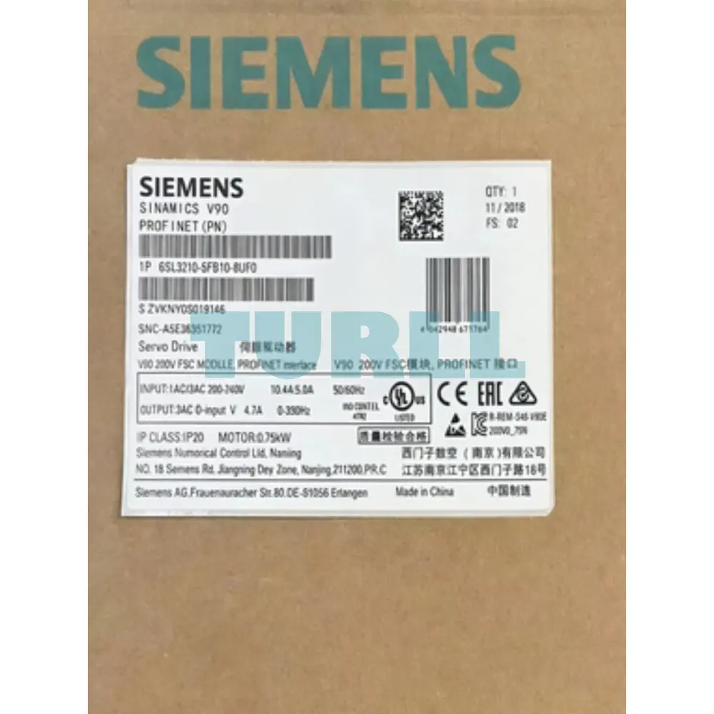 Siemens 6SL3210-5FB10-8UF0 SINAMICS V90 Servo Drive 0.75 kW, PROFINET, 200-240V Original Brand New 4 Siemens 6SL3210-5FB10-8UF0 SINAMICS V90 Servo Drive 0.75 kW, PROFINET, 200-240V