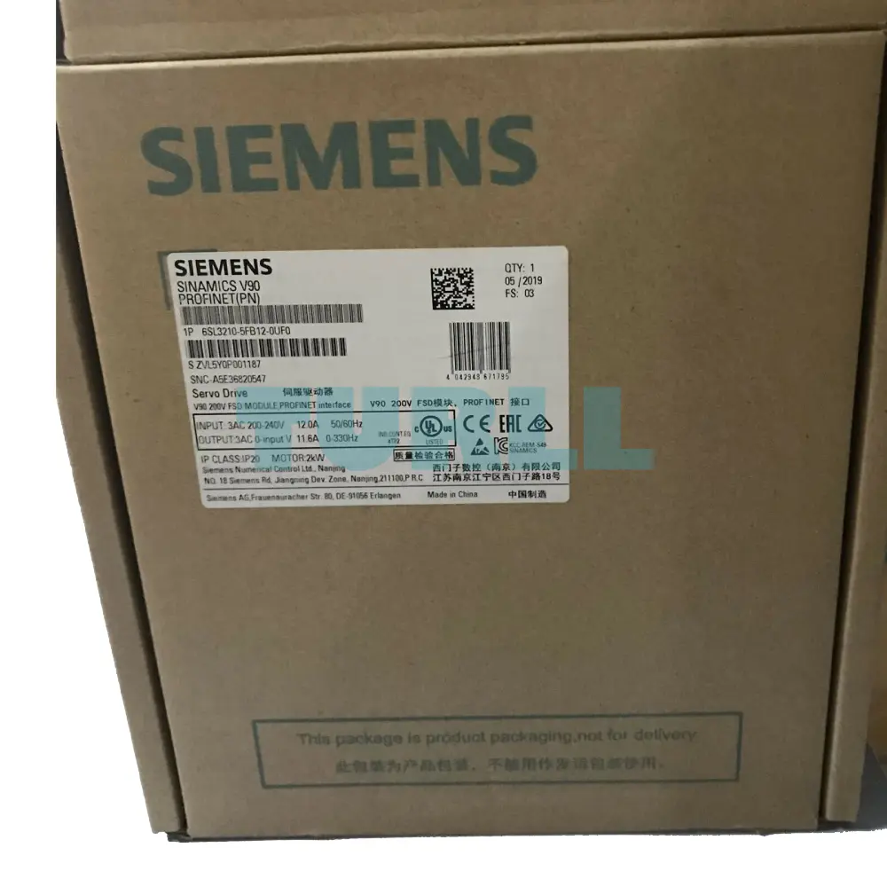 Siemens 6SL3210-5FB12-0UF0 SINAMICS V90 Servo Drive 2kW, PROFINET, 3-Phase 200-240V Original Brand New 3 Siemens 6SL3210-5FB12-0UF0 SINAMICS V90 Servo Drive 2kW, PROFINET, 3-Phase 200-240V