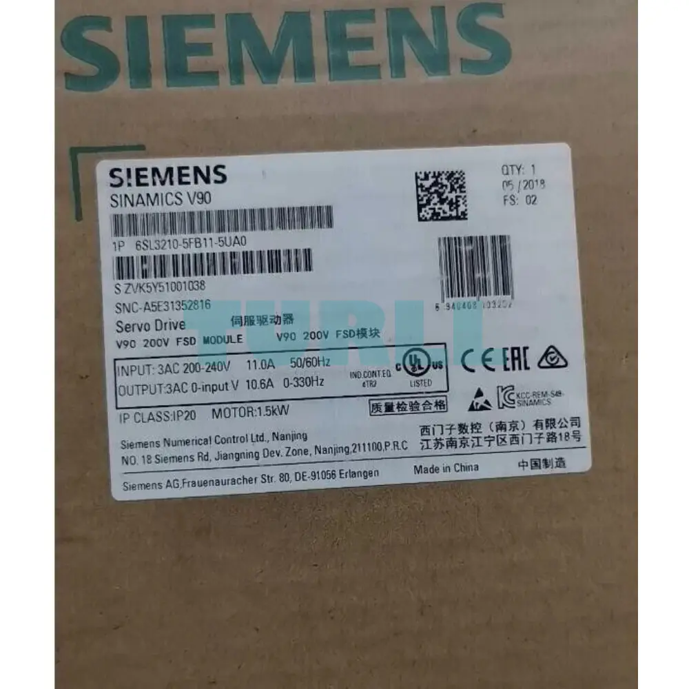 Siemens 6SL3210-5FE11-5UA0 SINAMICS V90 Servo Drive 1.5/1.75 kW, 380-480V Original Brand New 2 Siemens 6SL3210-5FE11-5UA0 SINAMICS V90 Servo Drive 1.5/1.75 kW, 380-480V